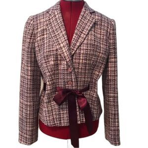 Ann Taylor Factory Blazer Women Size 4 Purple Tweed Attached Ribbon Belt